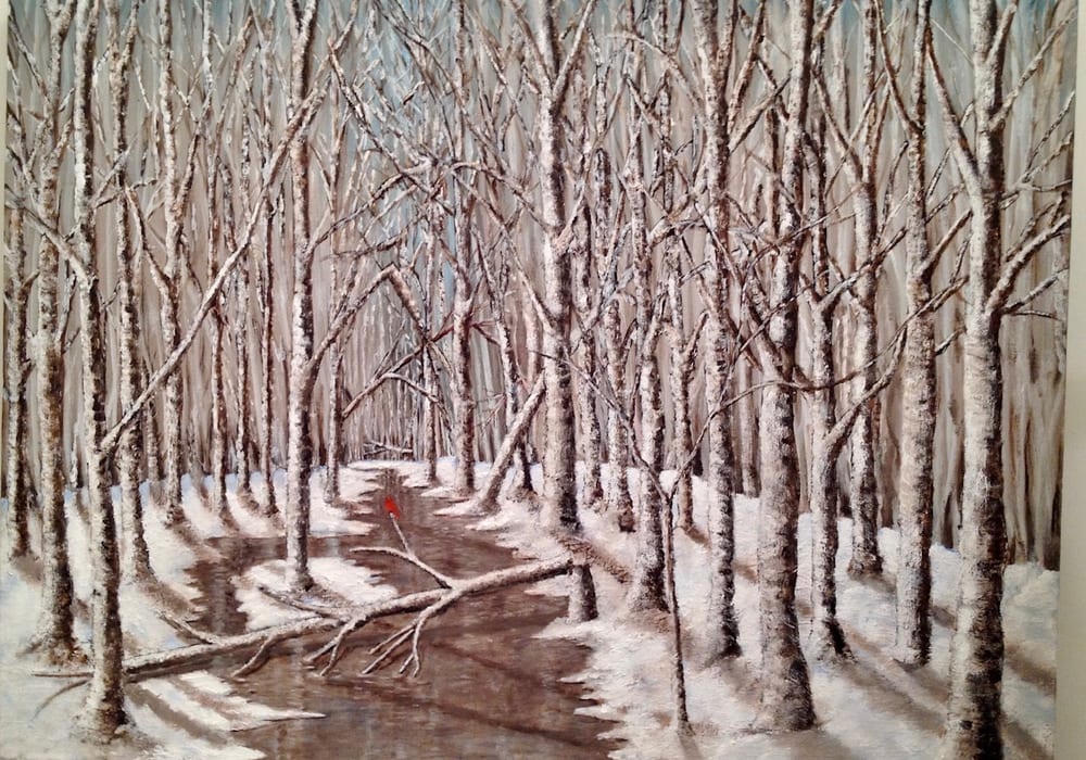 Cardinal in Snowy Forest — Oil painting by Stephen Bruno