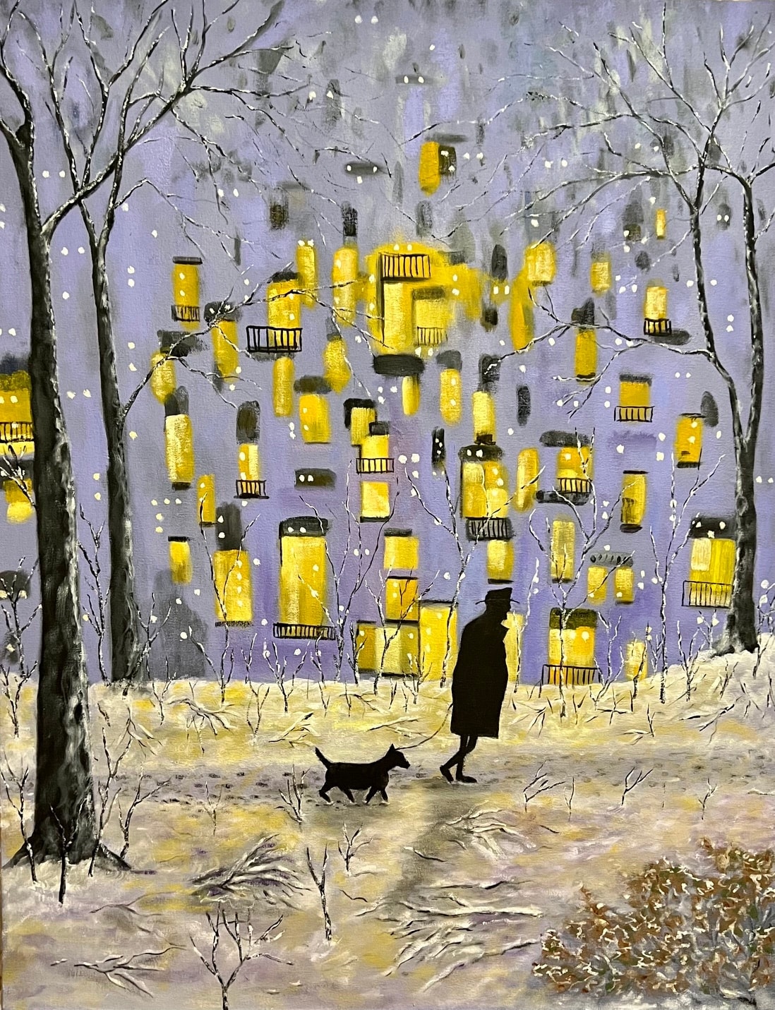 Man Walking Dog in the Snow — oil painting by Stephen Bruno